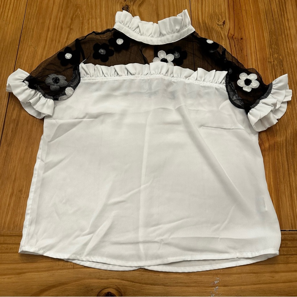 White and Black Top with mesh and embroidered Floral